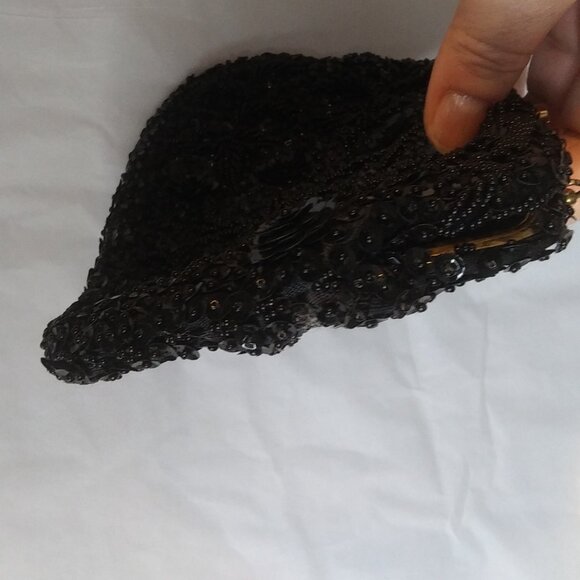 Vintage made in Hong Kong  black Beaded and Sequined clutch handbag kiss clasp - Picture 11 of 17